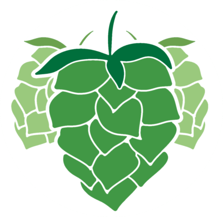 Stylized green hops icon on a dark green background. Southern Passion Hops.