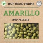 Image showing a packaging label from Hop Head Farms for Amarillo hop pellets. The label features an image of green hop pellets with logos from Hop Head Farms and related certification.