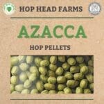 Image of a package from Hop Head Farms labeled "Azacca Hop Pellets" showing a photo of green hop pellets inside.