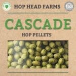 Image of Cascade hop pellets from Hop Head Farms, displayed on a brown background with logos and text indicating the product name.