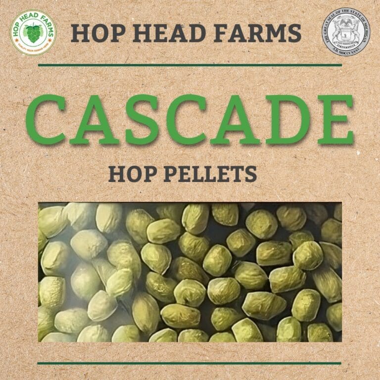Image of Cascade hop pellets from Hop Head Farms, displayed on a brown background with logos and text indicating the product name.
