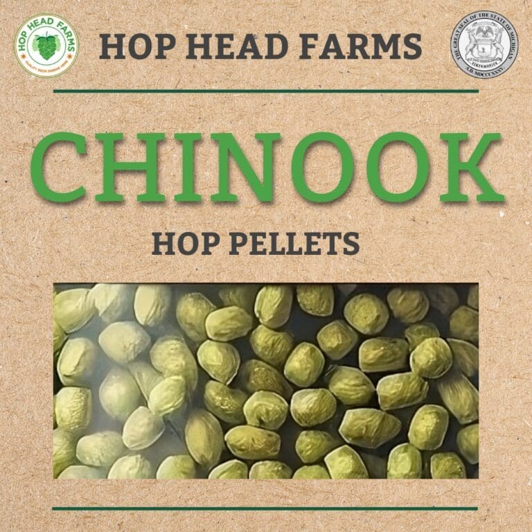 A rectangular image of Chinook hop pellets displayed against a brown background with "Hop Head Farms" and "Hop Pellets" text at the top corners.