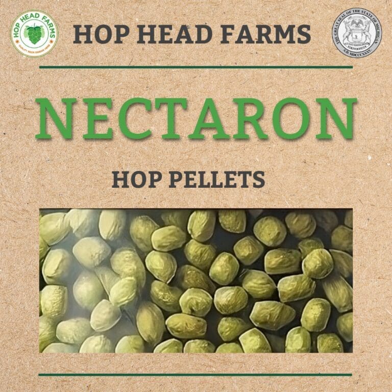 Image showing a cardboard-style background with the text "Hop Head Farms Nectaron Hop Pellets." Underneath, there is a photo of green hop pellets. Logos for Hop Head Farms and another insignia are displayed at the top.