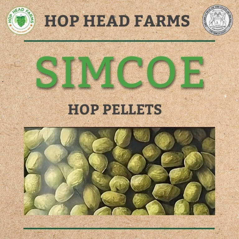 Packaging of Simcoe hop pellets from Hop Head Farms. The packaging features the text "SIMCOE HOP PELLETS" and an image displaying the hop pellets.