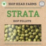Image of "Strata Hop Pellets" packaging from Hop Head Farms, showcasing close-up view of green hop pellets against a brown background.