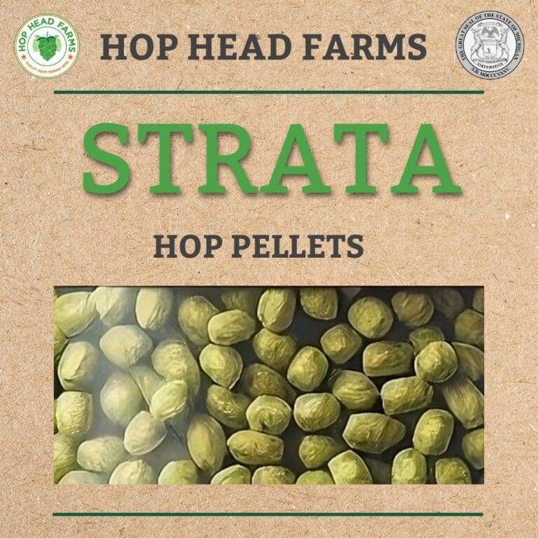Image of "Strata Hop Pellets" packaging from Hop Head Farms, showcasing close-up view of green hop pellets against a brown background.