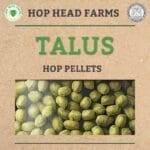 Image of Hop Head Farms Talus hop pellets in green color on a brown background with the text "TALUS HOP PELLETS" printed prominently. Logos of Hop Head Farms and an agriculture commission are included.