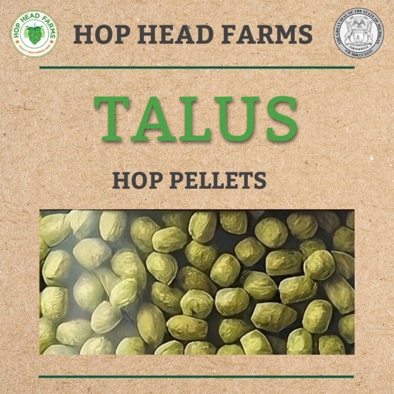 Image of Hop Head Farms Talus hop pellets in green color on a brown background with the text "TALUS HOP PELLETS" printed prominently. Logos of Hop Head Farms and an agriculture commission are included.