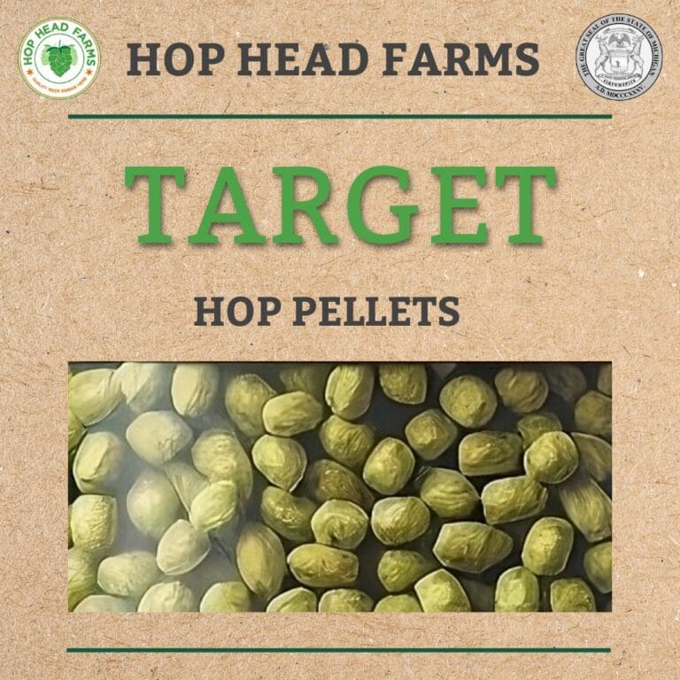 Image of "Target Hop Pellets" from Hop Head Farms, with a close-up view of the green cylindrical hop pellets.